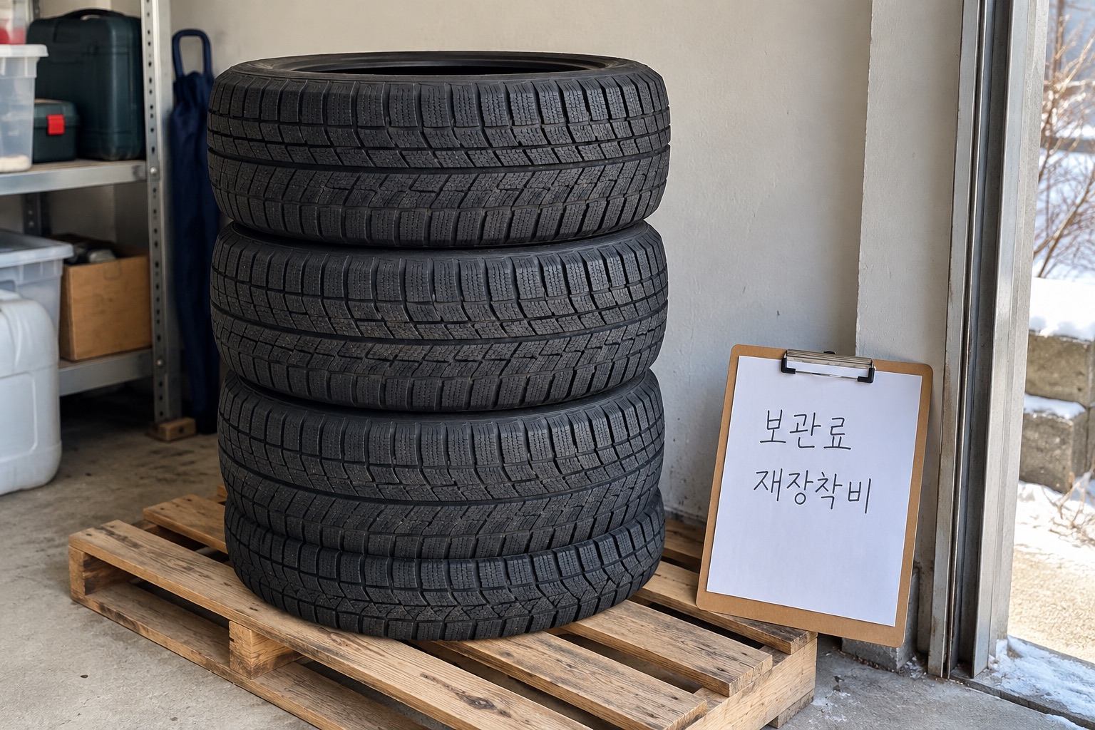 실내에 모아둔 타이어 네 개와 보관료·재장착비 확인 메모
